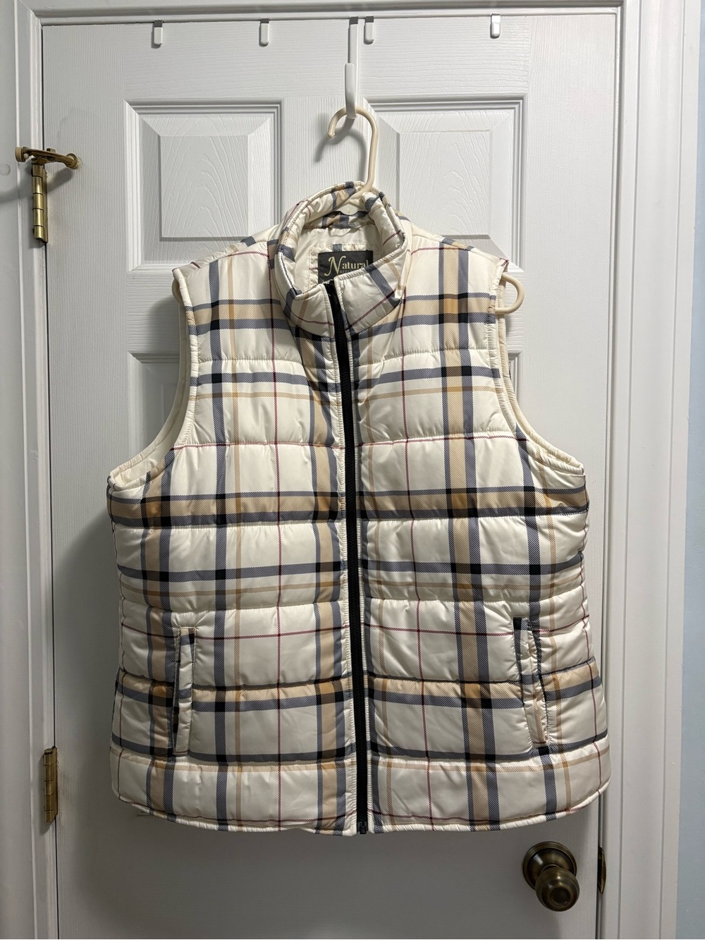 Natural Reflections Cream Plaid Quilted Vest with Navy & Tan Accents